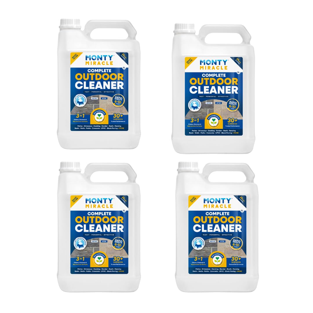 Monty Miracle® Outdoor Cleaner, 5 Litre. Clean & Rejuvenate your Patio, Decking, Fencing, Paths, Driveway, Render & More - Results in 6-10 Minutes! Slip Free (Offer for 4)