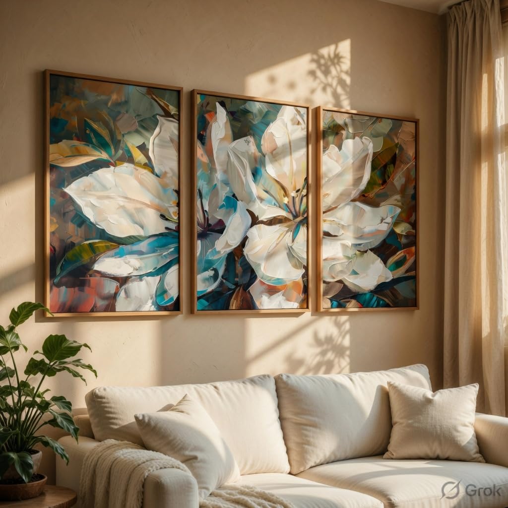 Livin'luxe Abstract Floral Wall Painting Set of 3 with Wooden Frames | Modern White Flower Artwork HD Sparkle Laminated MDF Wall Decor | Contemporary Floral Wall Art for Living Room Bedroom-image-19