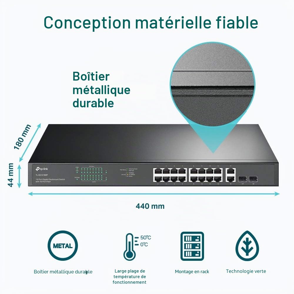 TP-Link TL-SG1218MP Switch PoE 18 Ports Gigabit rackable avec 16 PoE + Noir