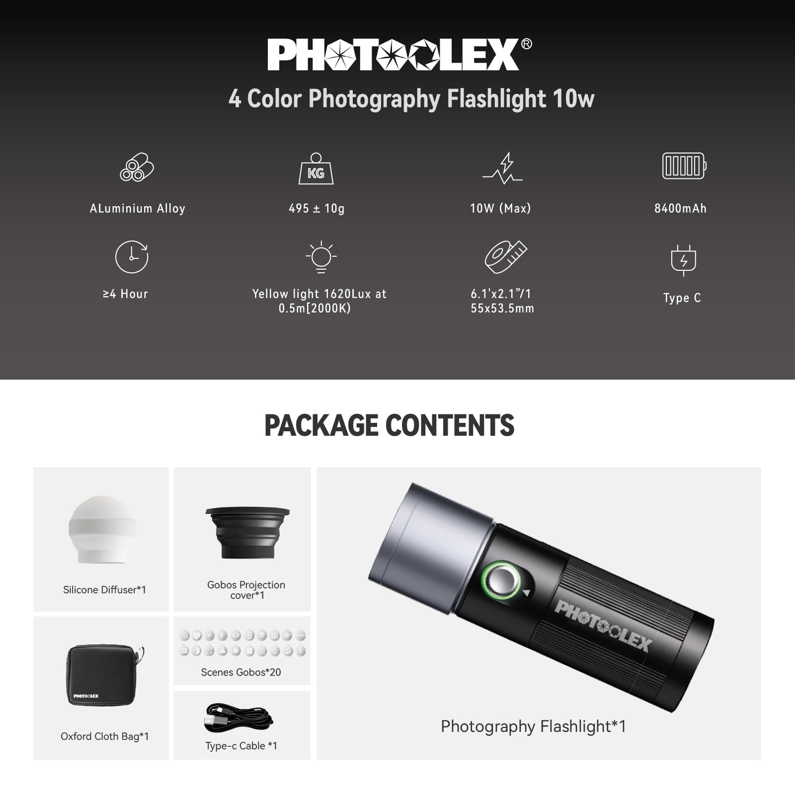 PHOTOOLEX Torcia elettrica fotografica a 4 colori con 20 gobos magnetici, faretto portatile 8400 mAh, luce da studio a LED da 10 W per foto, accessori per la creazione di contenuti