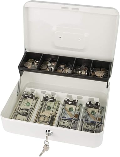 KYODOLED - Caja de dinero grande con bandeja para dinero y cerradura, caja de metal segura, caja de seguridad, caja registradora, 5 compartimentos,