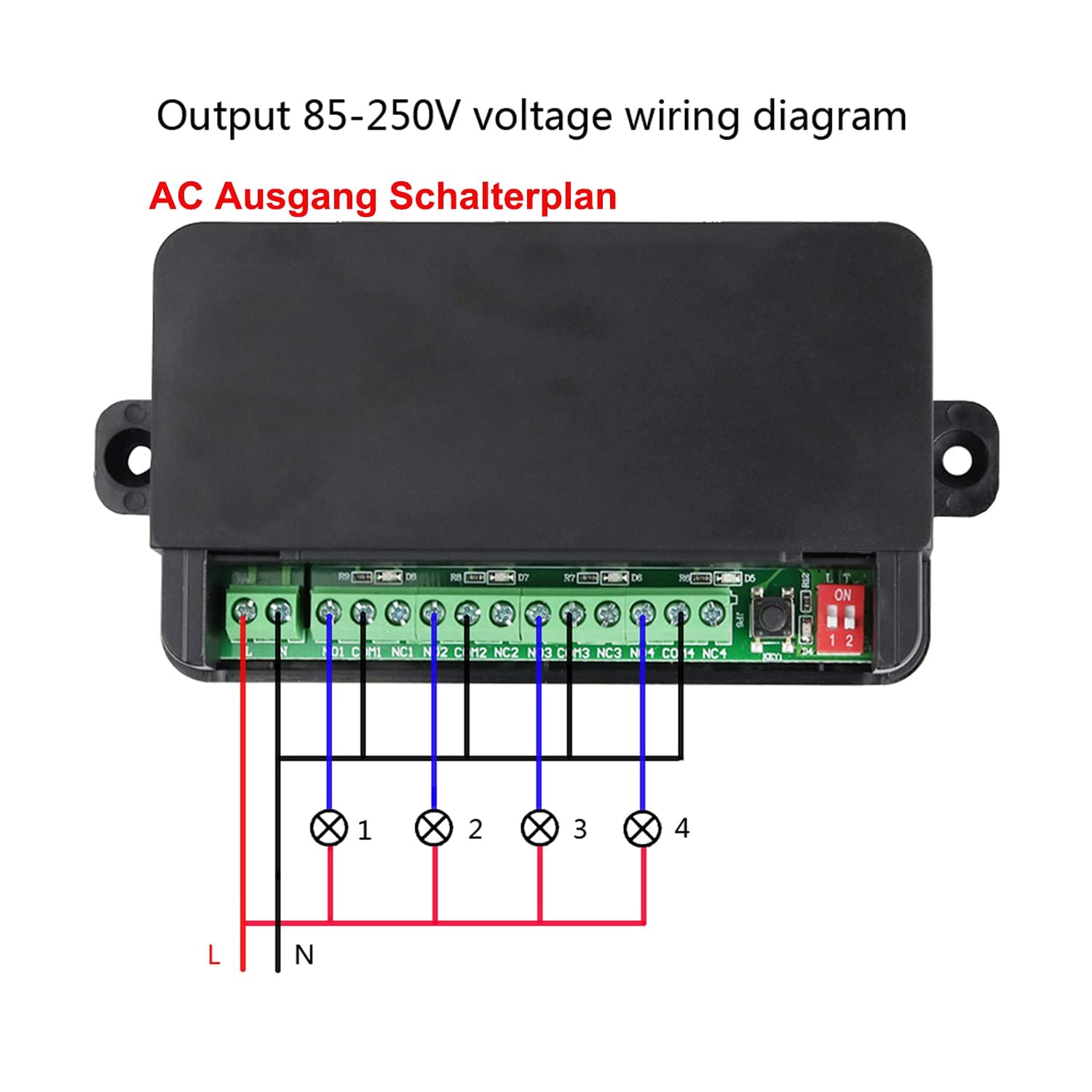 AC 220V 230V 240V 4 Canales Inalámbrico RF Mando a Distancia Interruptor de Luz 10A Salida de Relé Módulo Receptor Radio Control Puerta de Garaje + Mando a Distancia Industrial Impermeable