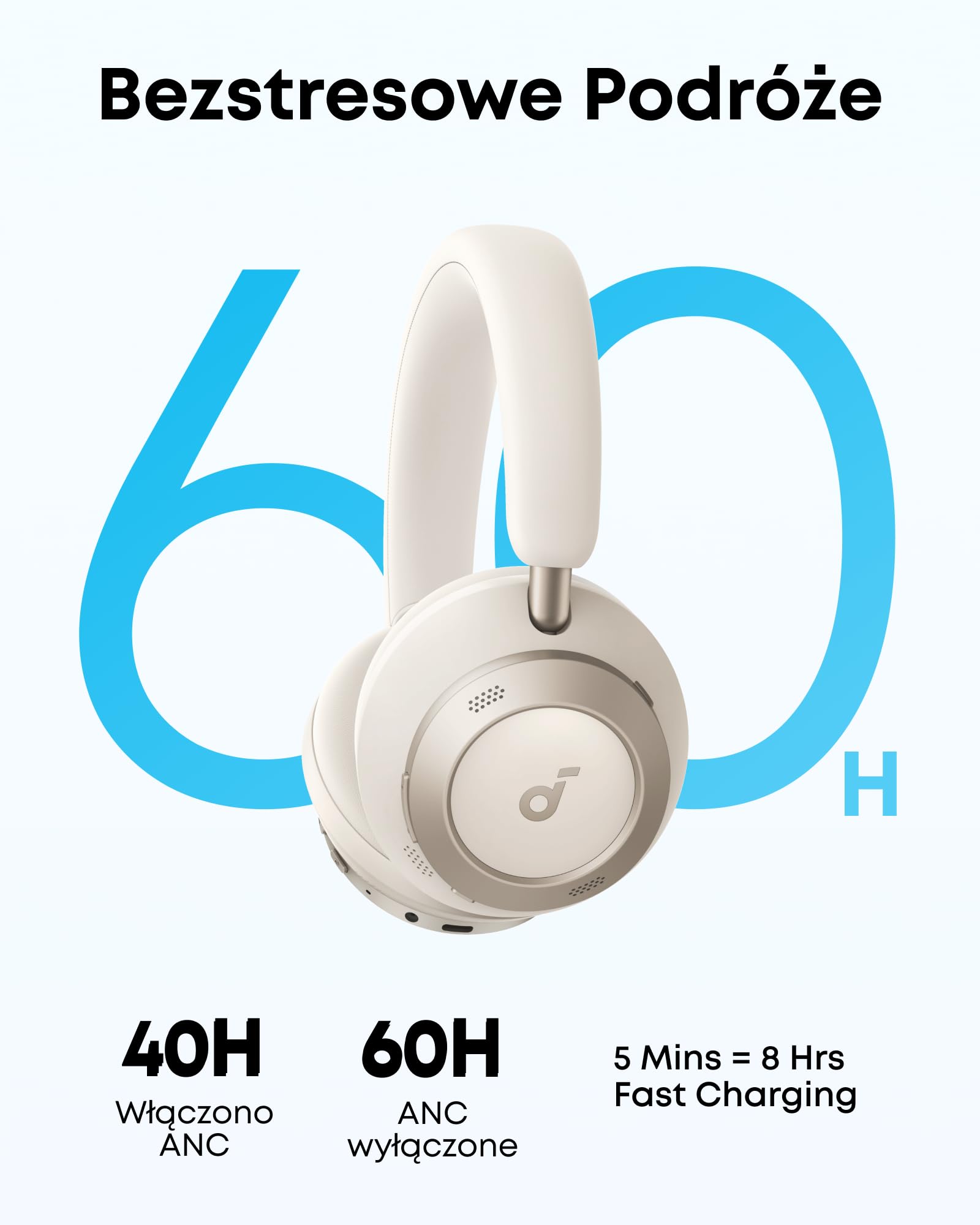 soundcore Space One Pro firmy Anker(odnowiona), adaptacyjne słuchawki z aktywną redukcją szumów wspierane 6 mikrofonami, super składana konstrukcja, bezstratne 60 godz. dźwięku, ultraszybkie ładowanie