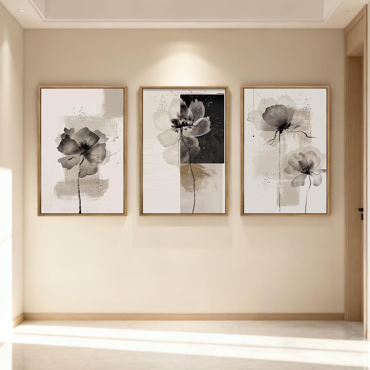 Lianyibo Frameless Large Neutral Abstract Wall Art Modern Beige Gray Floral Posters Minimalist White Flower Prints For Living Room Decor(60X90cmx3/Frameless)