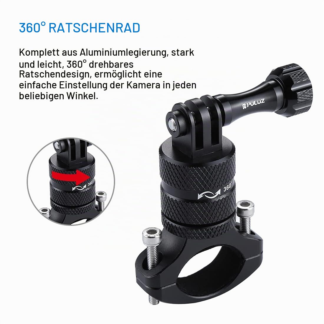 PULUZ Action cam fahrradhalterung for Gopro Hero 12 11 10 9 8 7 & DJI OSMO & insta360 x3, 360 Grad Rotary Lenkerhalterung 360-Grad-Aluminiumlegierung zubehör Fahrrad Motorrad Halterung rohrklemme