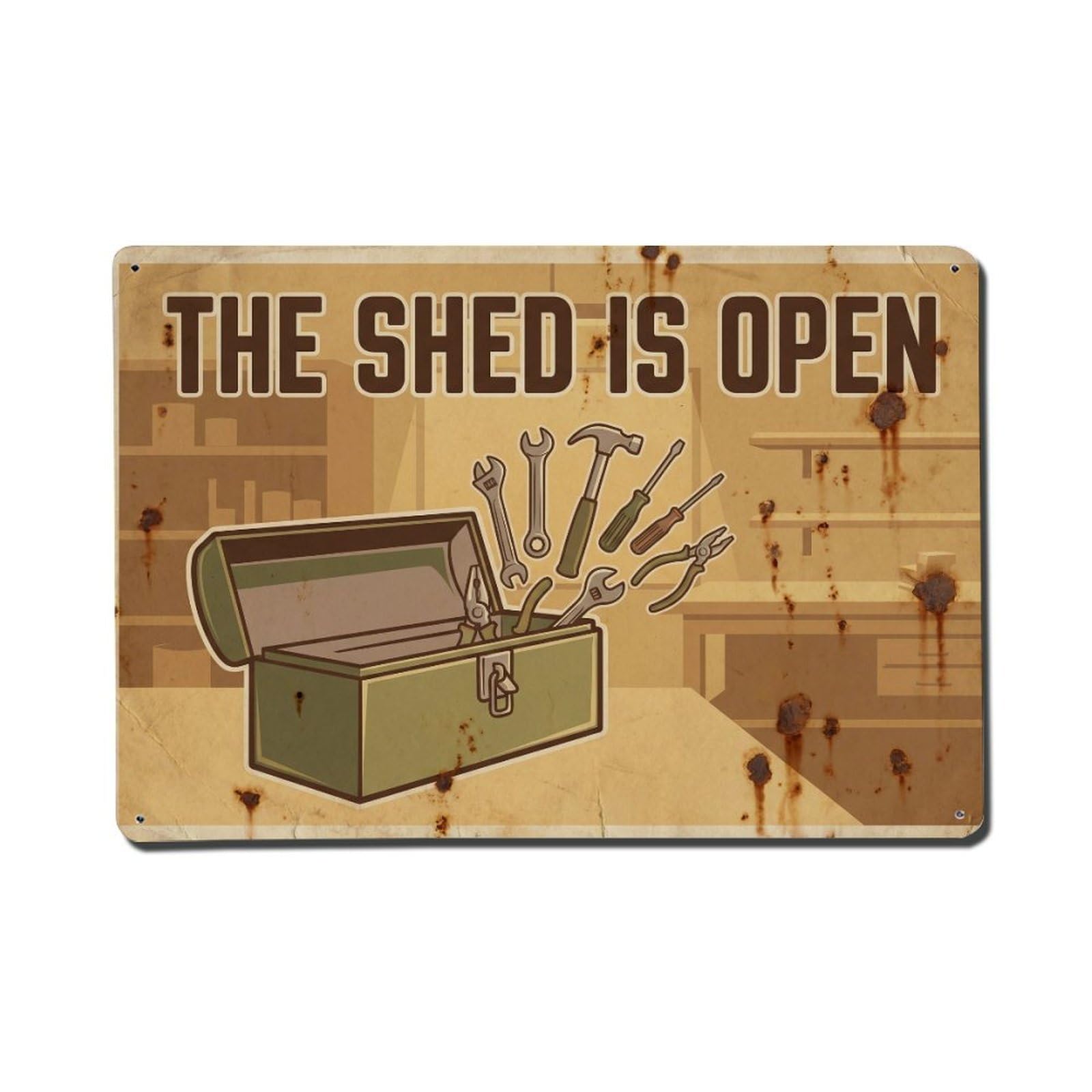 Open Shed Tools Border Workshop Welcome Repair Metal Tin Sign Plaque Wall Decor for Cafe, Man Cave, Club Bar, Office, Home Garden Round Metal Poster 8x12Inch