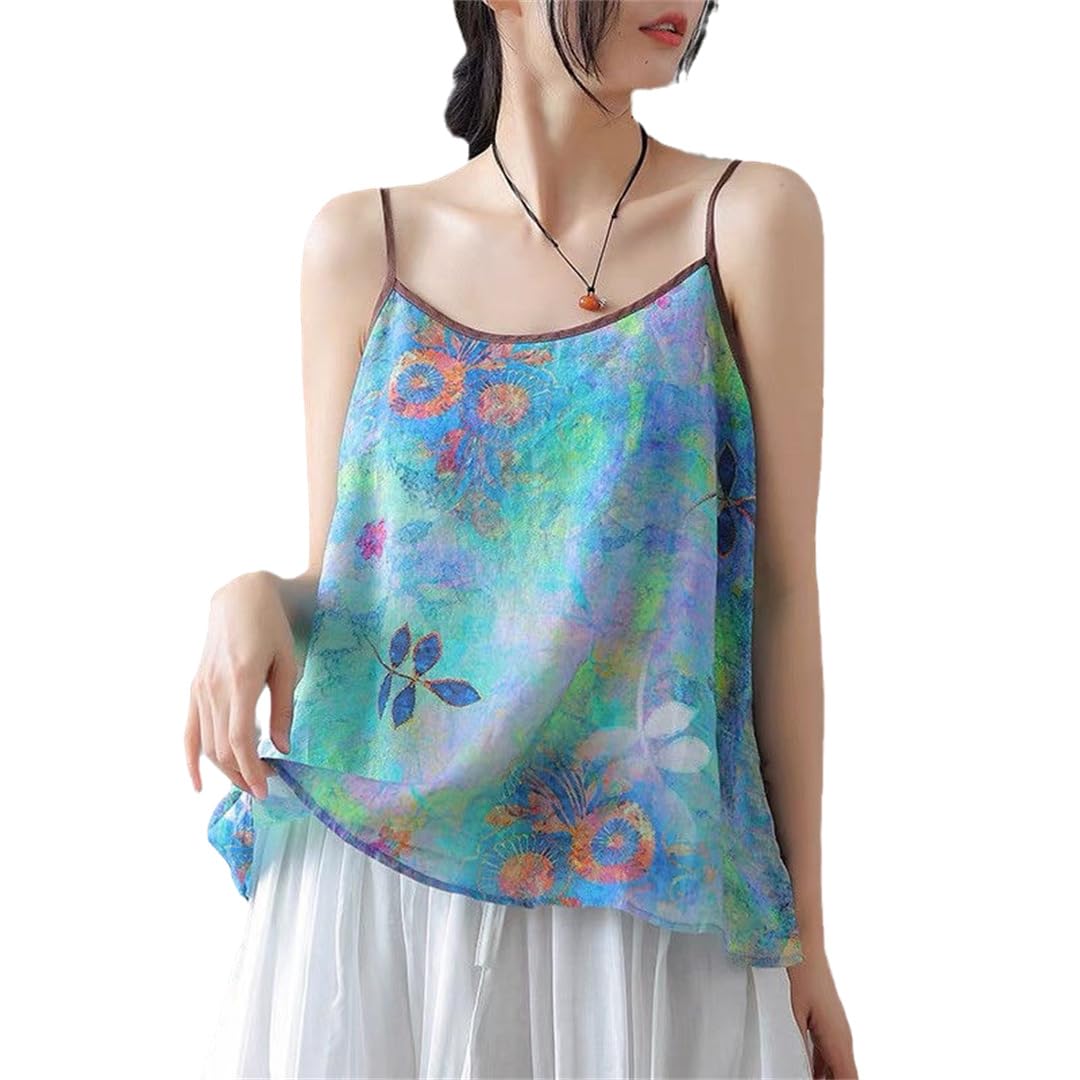 Camiseta corta de verano con tirantes delgados para mujer con estampado vintage