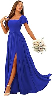 Square Neck Bridesmaid Dresses with Slit Flutter Sleeves Chiffon Long Maxi Formal Party Dresses with Pockets YO151 - Buy now