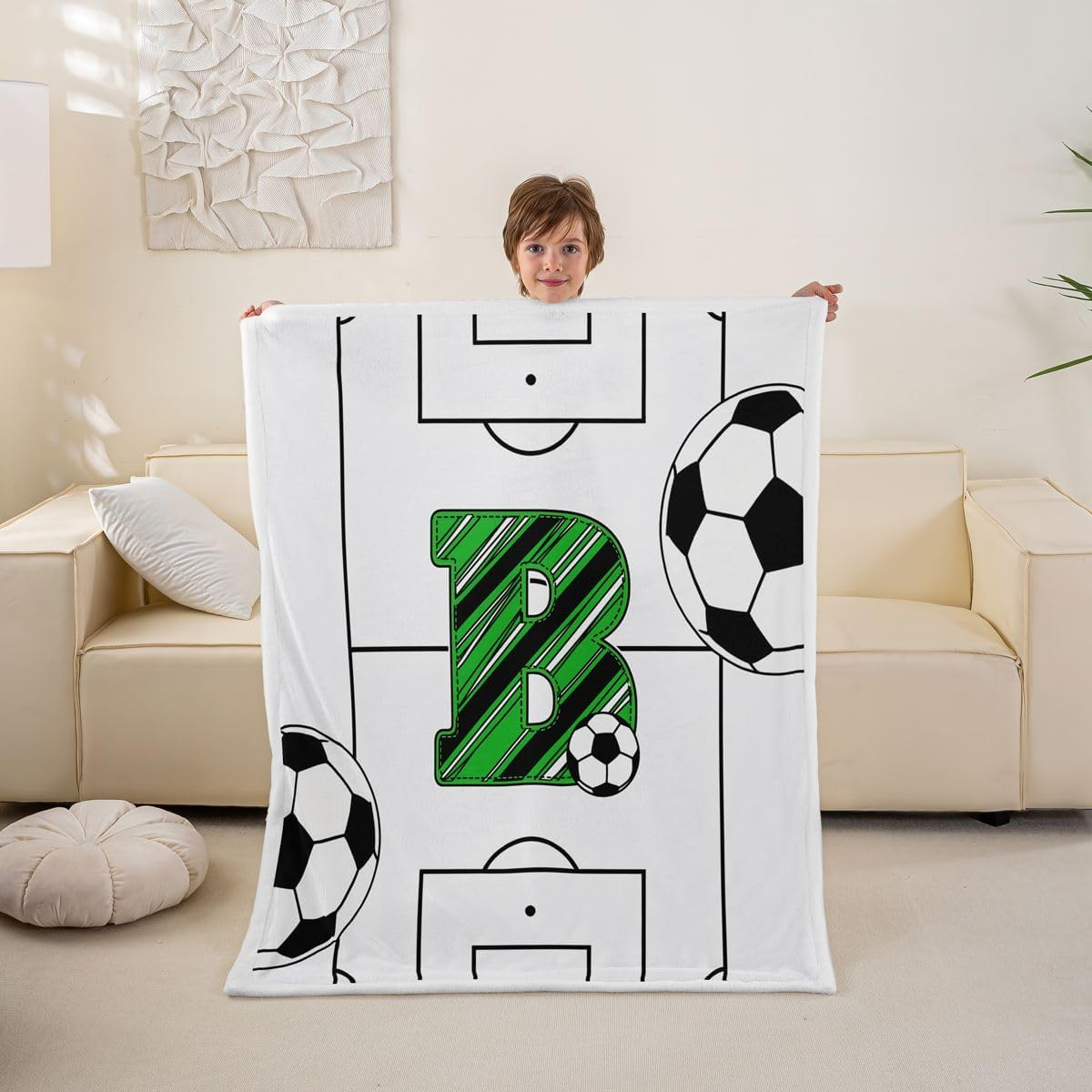 Erosebridal Soccer Fleece Throw Blanket for Kids Girls Boys Personalized Initial B Sherpa Blanket Baby Size,Sports Theme Fuzzy Plush Soccer Court Toddler Blankets for Bedroom Living Room
