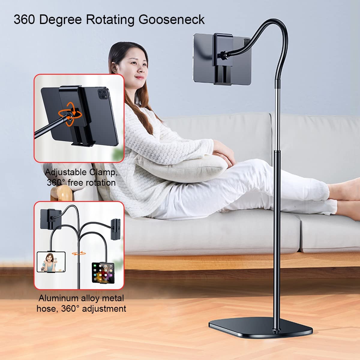 Soporte de cuello de cisne ajustable en altura para dispositivos de 4 a 10.9 pulgadas, altura ajustable de 1.4 m, soporte perfecto para leer, ver y videollamadas