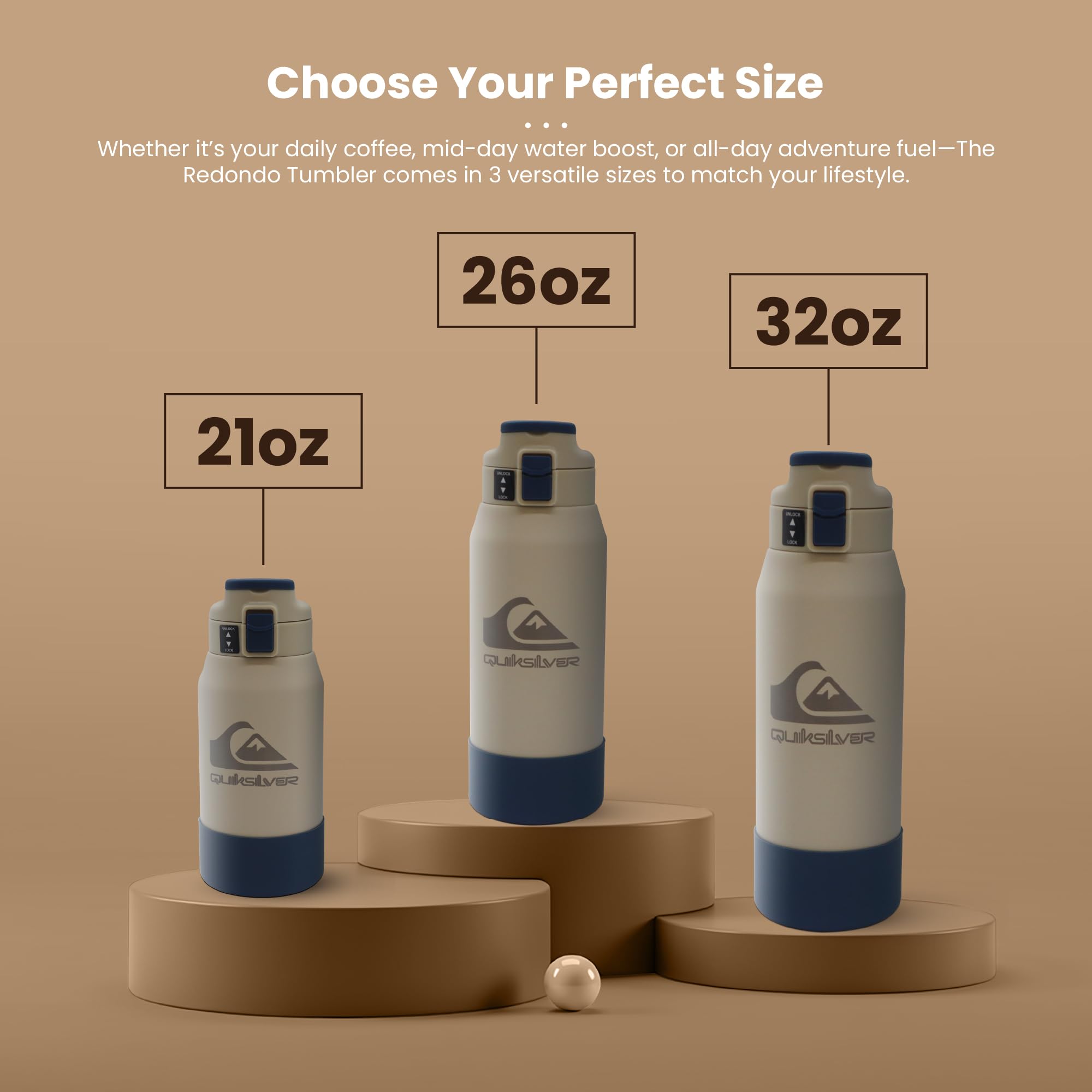Quiksilver Redondo Vakuumisolierter Edelstahl-Reisebecher, wiederverwendbare Kaffeetasse oder Wasserflasche mit auslaufsicherem Deckel, rutschfester Gummiboden, isolierte Trinkgläser, Heiß- und