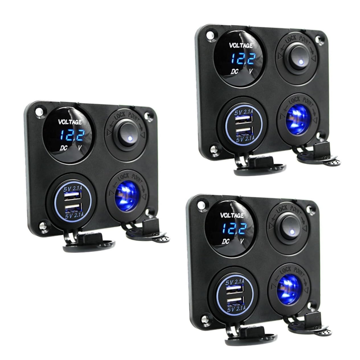 Housoutil 3 Pezzi 4 in 1 Pannello Caricabatteria per Auto E Barca 4 in 1 2.1a Doppio Usb Led Voltmetro Presa di Corrente Voltmetro Usb 12- V