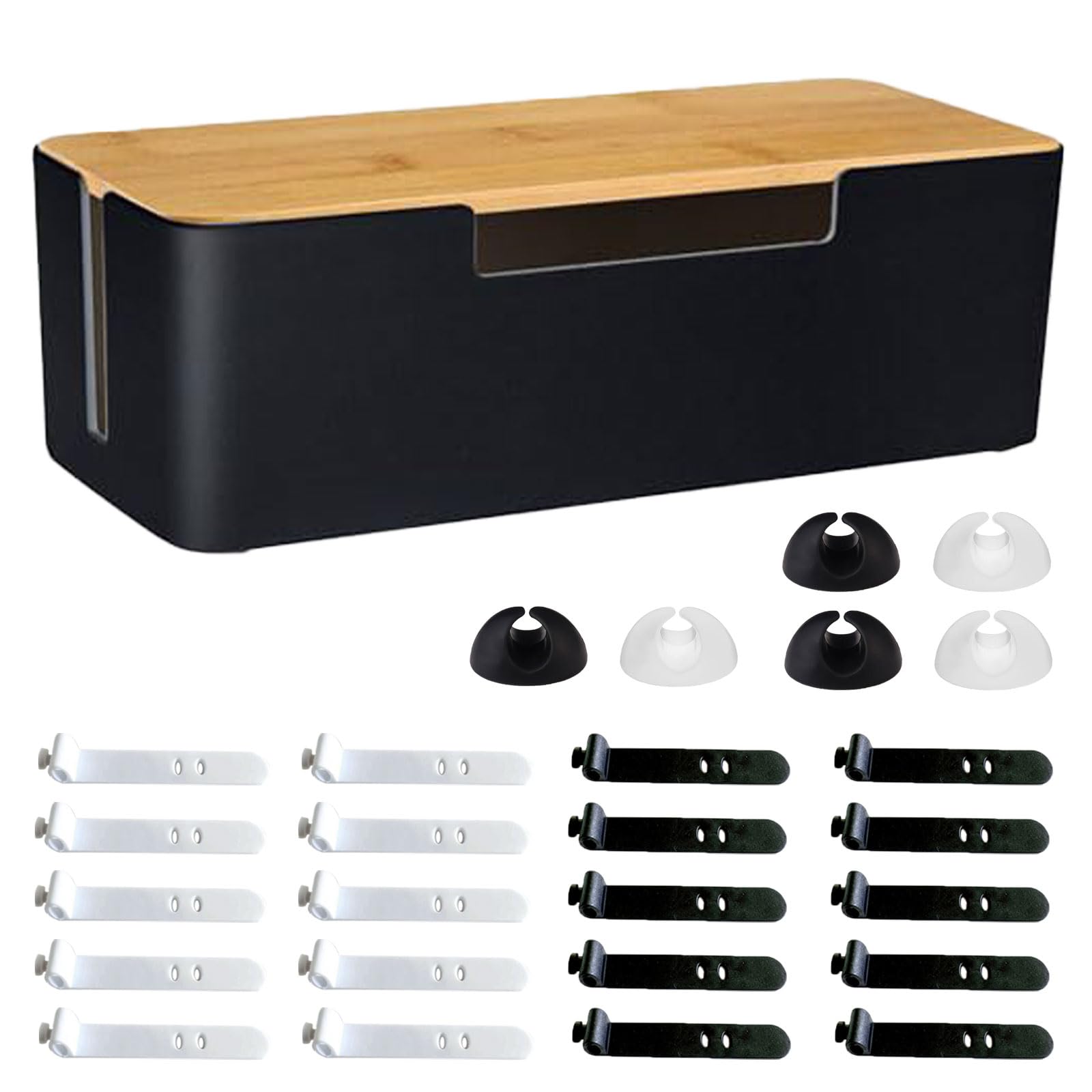 GANILITY Cable Tidy Box, 30x13x10cm Cable Organisers with Bamboo Lid, Cable Management Box with Wire Ties and Cable Clips, for Home, Ofiice(Black)