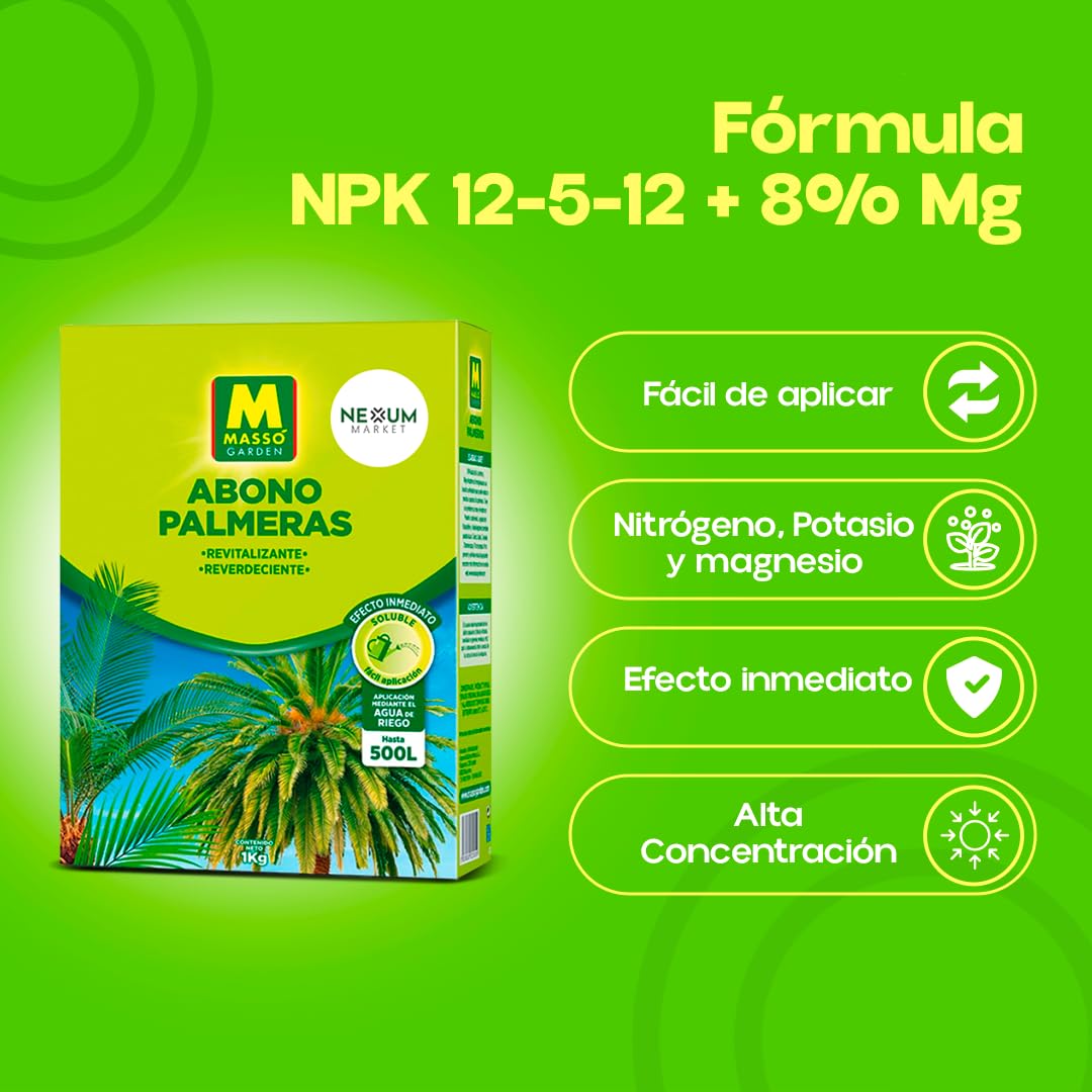 Abono para Palmeras Profesional 1Kg | Fertilizante para Plantas de Efecto Inmediato Revitalizante y Reverdeciente | Ideal para Exterior e Interior, Soluble en Agua de Riego (Hasta 500L) | Nexum Market