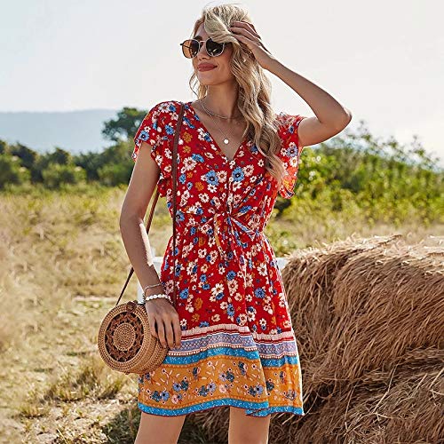 Bestsmile Flores de verão com babado estampado feminino manga curta vestido casual bandagem cintura