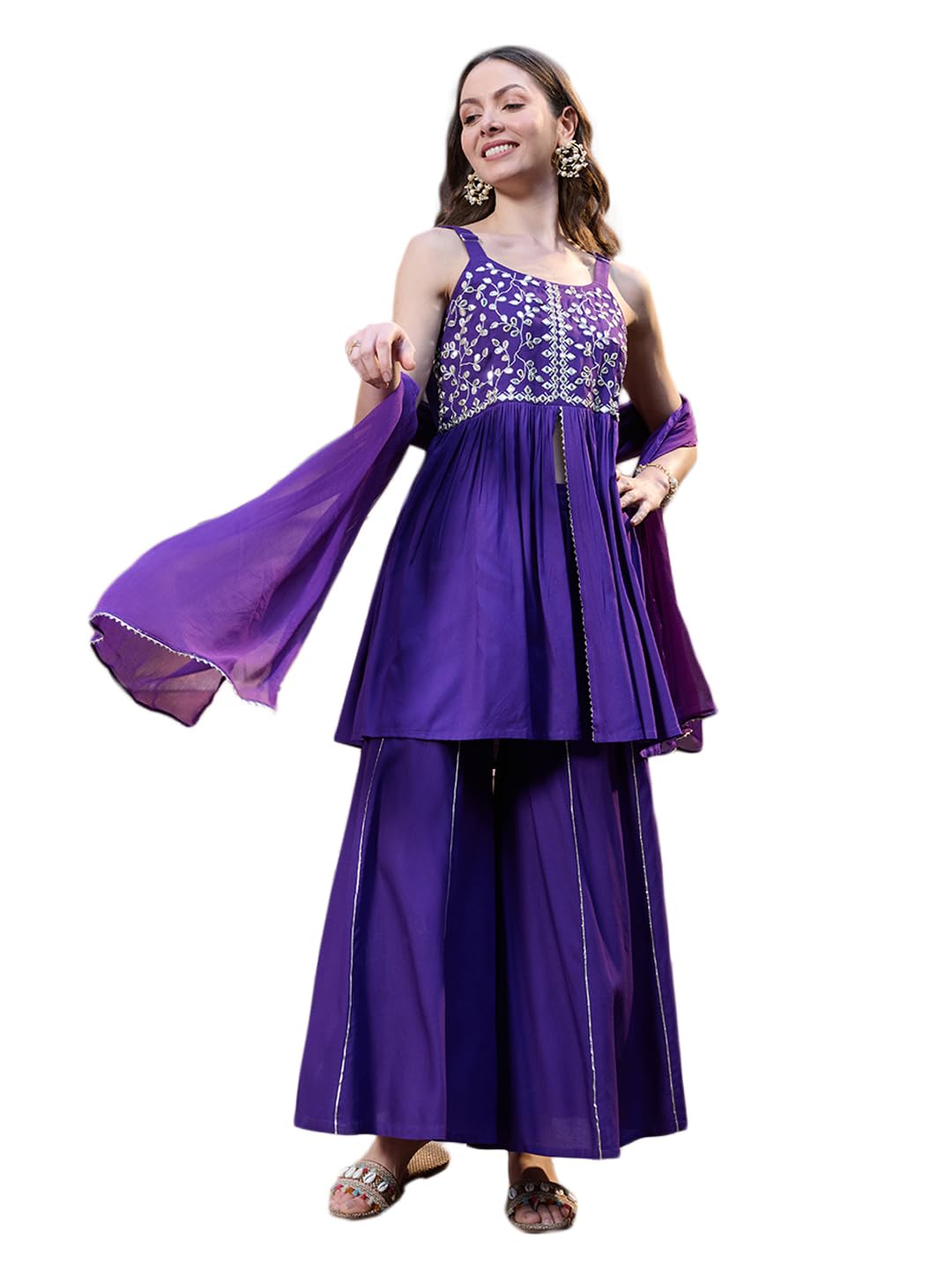 Stylum Women's Solid & Embrpodered Rayon Short Kurti Sharara Dupatta Set (Ksdvoilsolo34_Violet, Xs)