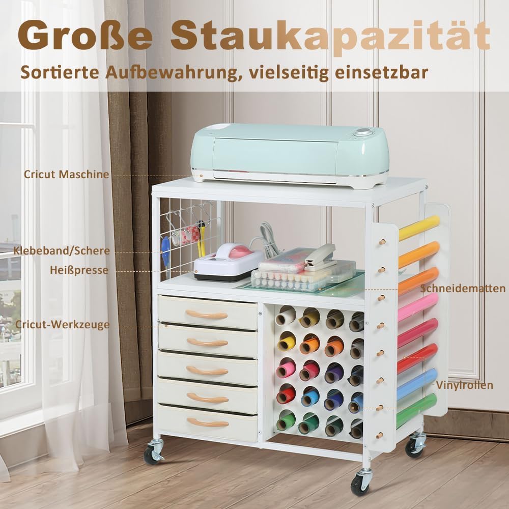 SMONTER Bastelwagen mit 28 Vinylrollenhaltern & 5 Schubladen, Mobiler Rollwagen kompatibel mit Cricut-Maker/Explore, Organizer für Nähatelier und Bastelzimmer, Weiß