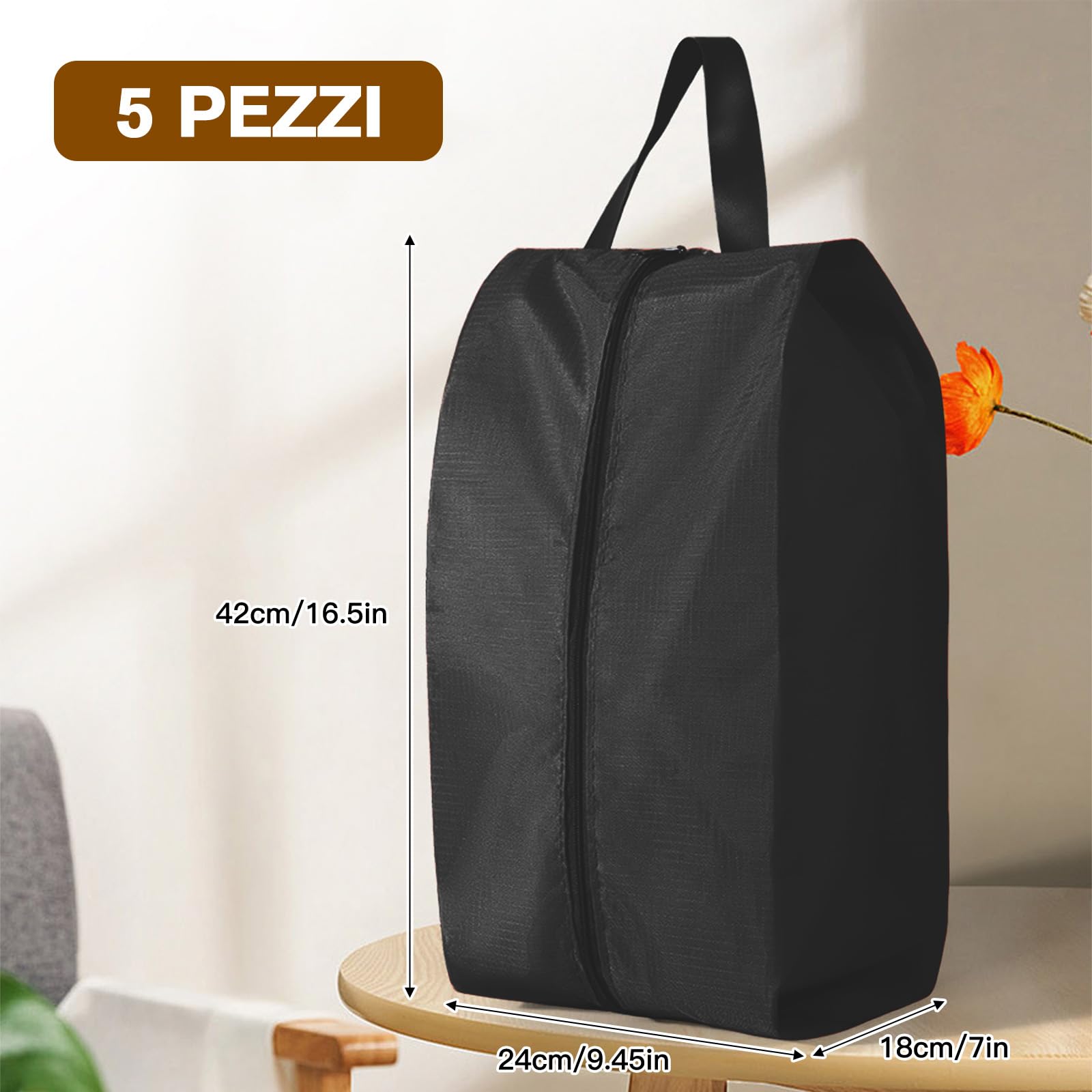 VEGCOO 5 Pezzi Sacchetti Porta Scarpe Impermeabili per Viaggio, 42cm Borse da Viaggio Portatili Unisex con Chiusura a Zip, Organizer per Scarpe per Sport e Vacanze, Nero