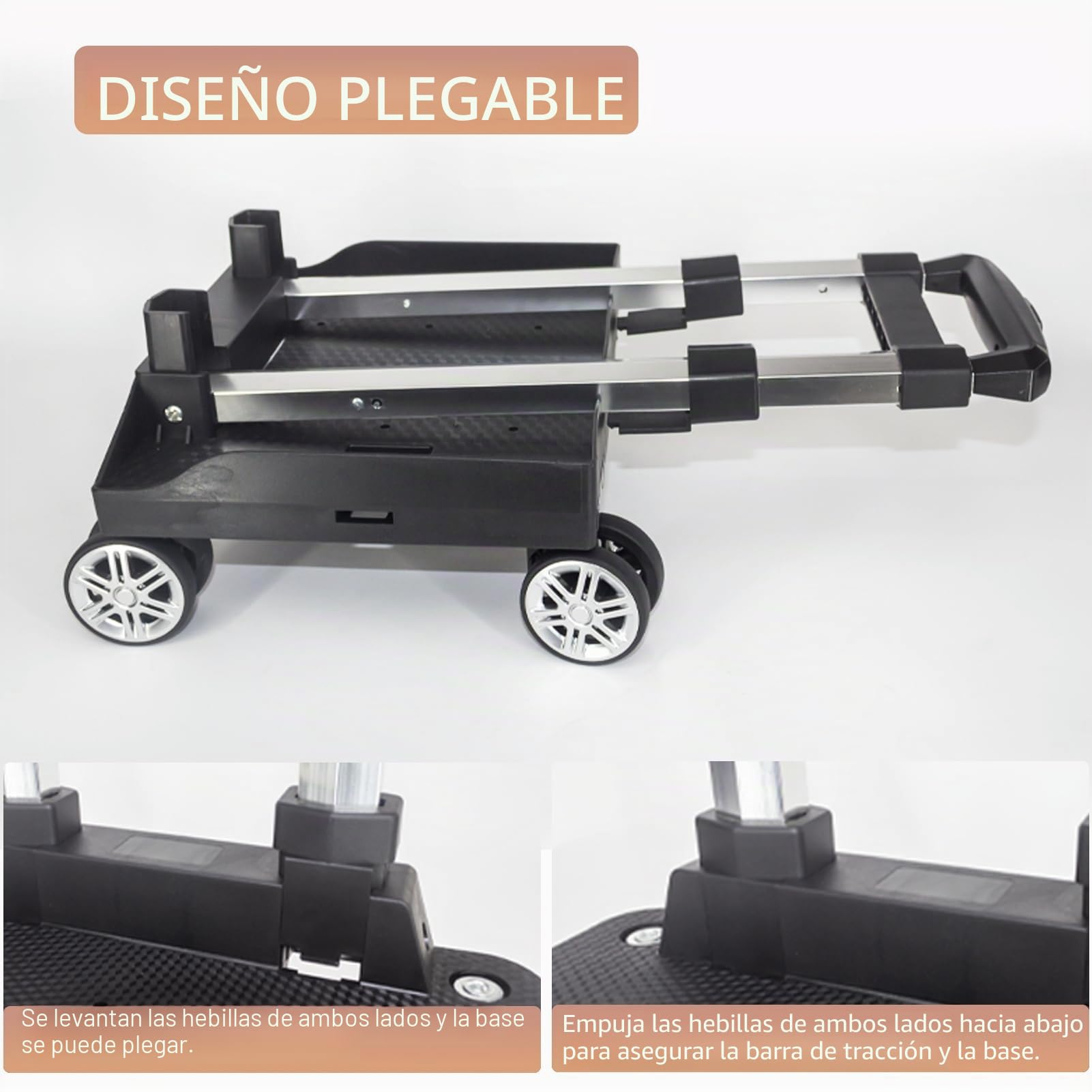 Carro de mochila con ruedas, carro de mano plegable de aleación de aluminio con base de borde, 4 ruedas, carrito de equipaje con correa de equipaje para niños, adolescentes, adultos, escuela, viajes