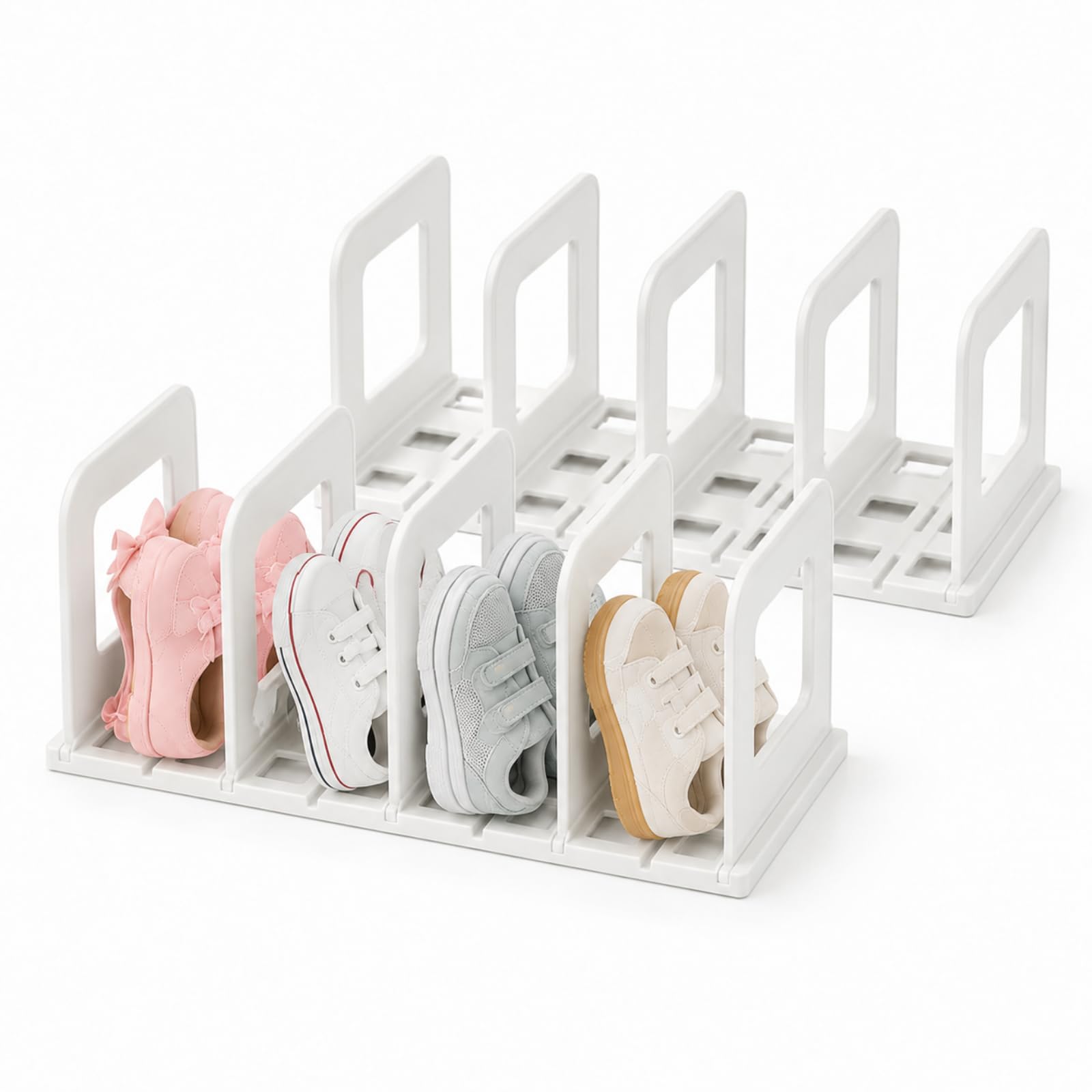 Raoletin 2Pcs Small Shoe Storage Adjustable Holder with Removable Dividers, Narrow Vertical 4 Tier Shoe Rack for Kids Shoes, Plastic Shoes Organiser for Small Spaces, Hallway, Closet, White