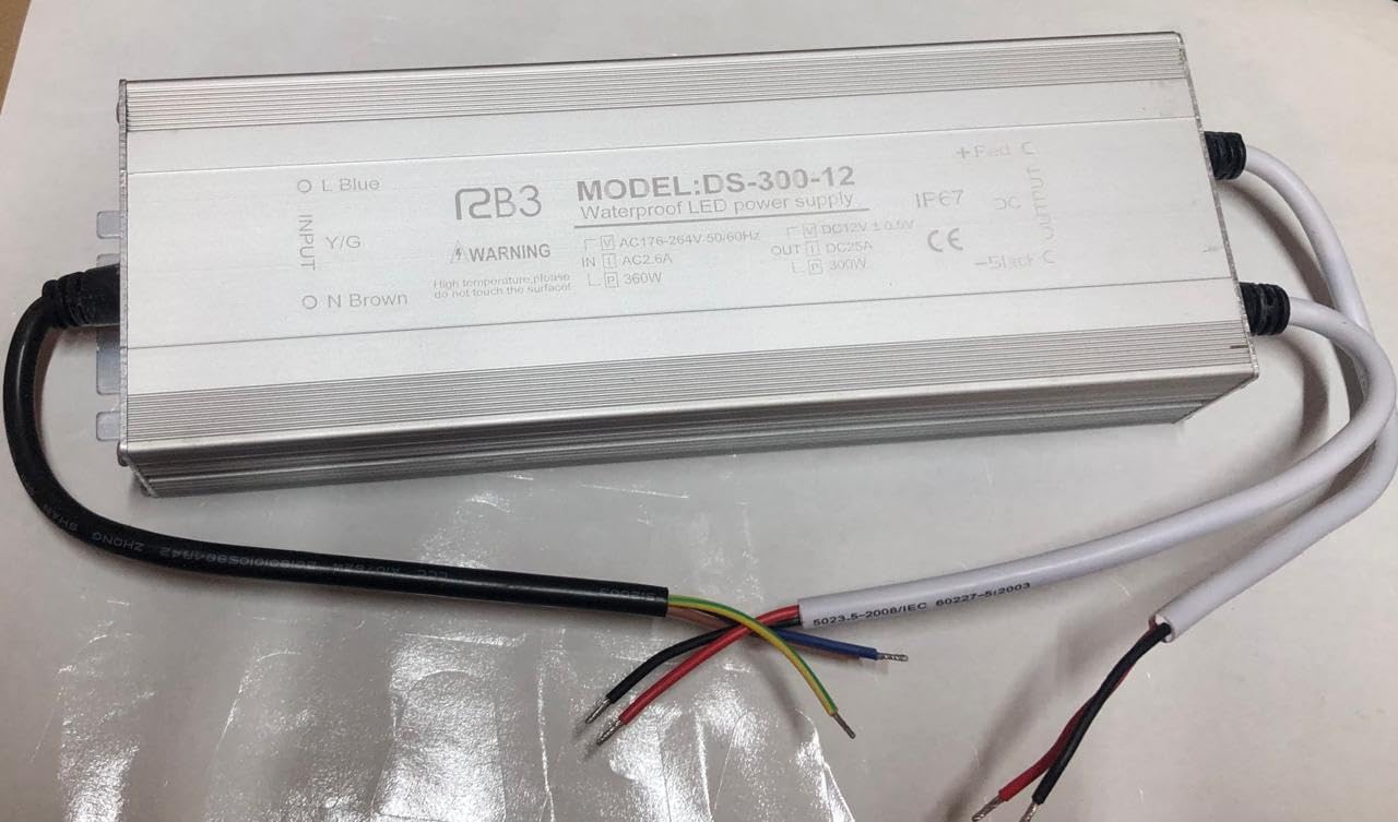 RB3 LED Waterproof Power supply12V, 300w, IP67 LED Driver 25A Power Supply, Waterproof Constant Voltage Adapter for Outdoor LED Bulbs Strip Lights (300, Watts)