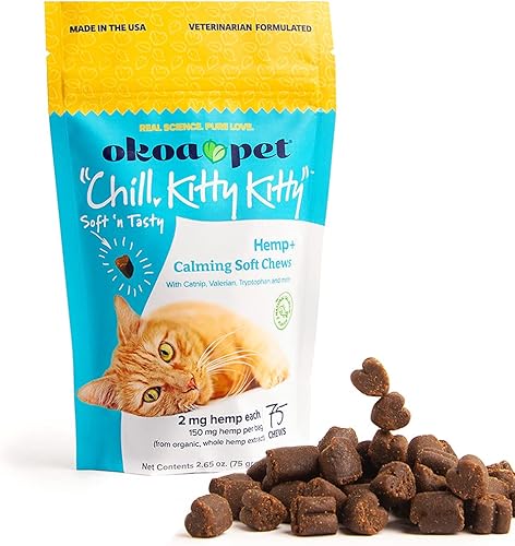 Okoa Pet Masticables calmantes de cáñamo para gatos con soporte de ansiedad para gatos y gatos masticables suaves para reducir el estrés el trueno