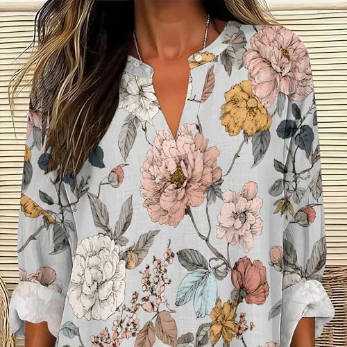 Plus Size Boho Tops for Women Roll Up Long Sleeve V Neck Loose Fit Blouses Casual Floral Print Soft Flowy Spring Tees3