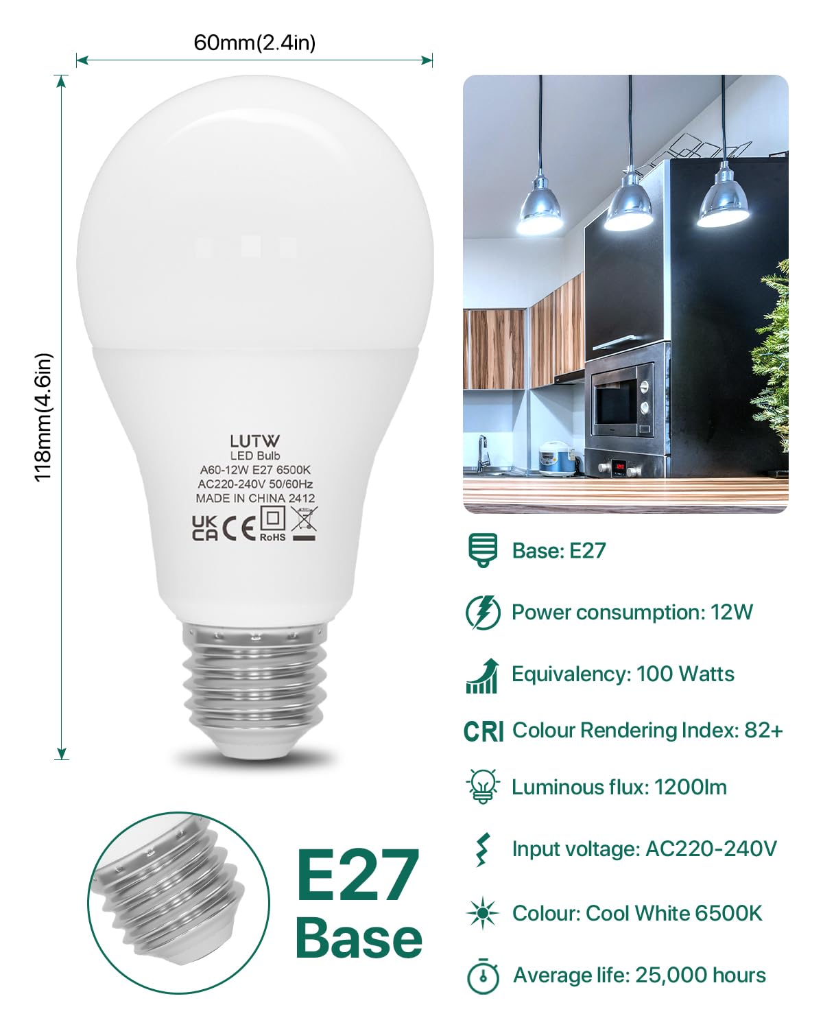 LUTW E27 Screw Bulb, Cool White 6500K, 12W E27 LED Bulb Equivalent to 100 Watts Incandescent Bulb - Image 2