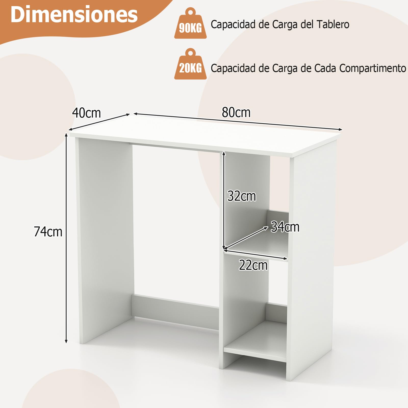 GYMAX Escritorio De Computadora 80 cm, para Oficina, Estudio, Sala De Estar, Estudio Y Dormitorio, para Espacios Pequeños, scritura Que Ahorra Espacio (Blanco)