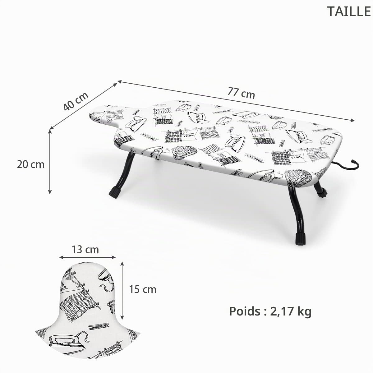 Duwee Table à Repasser,Petite Planche à Repasser avec Housse 100% Coton,Pieds Pliants et Compact,Idéal pour Voyage, Caravanes et Appartements,77×40cm