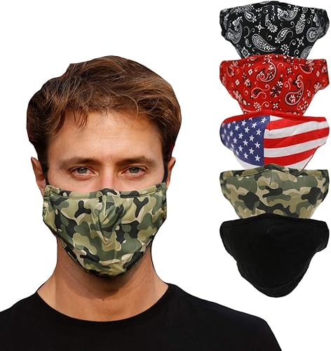 LifeToGo Máscara facial para adultos, paquete de 5 mascarillas de tela transpirable, cómoda, multicolor, lavable, 3 capas, reutilizable, no