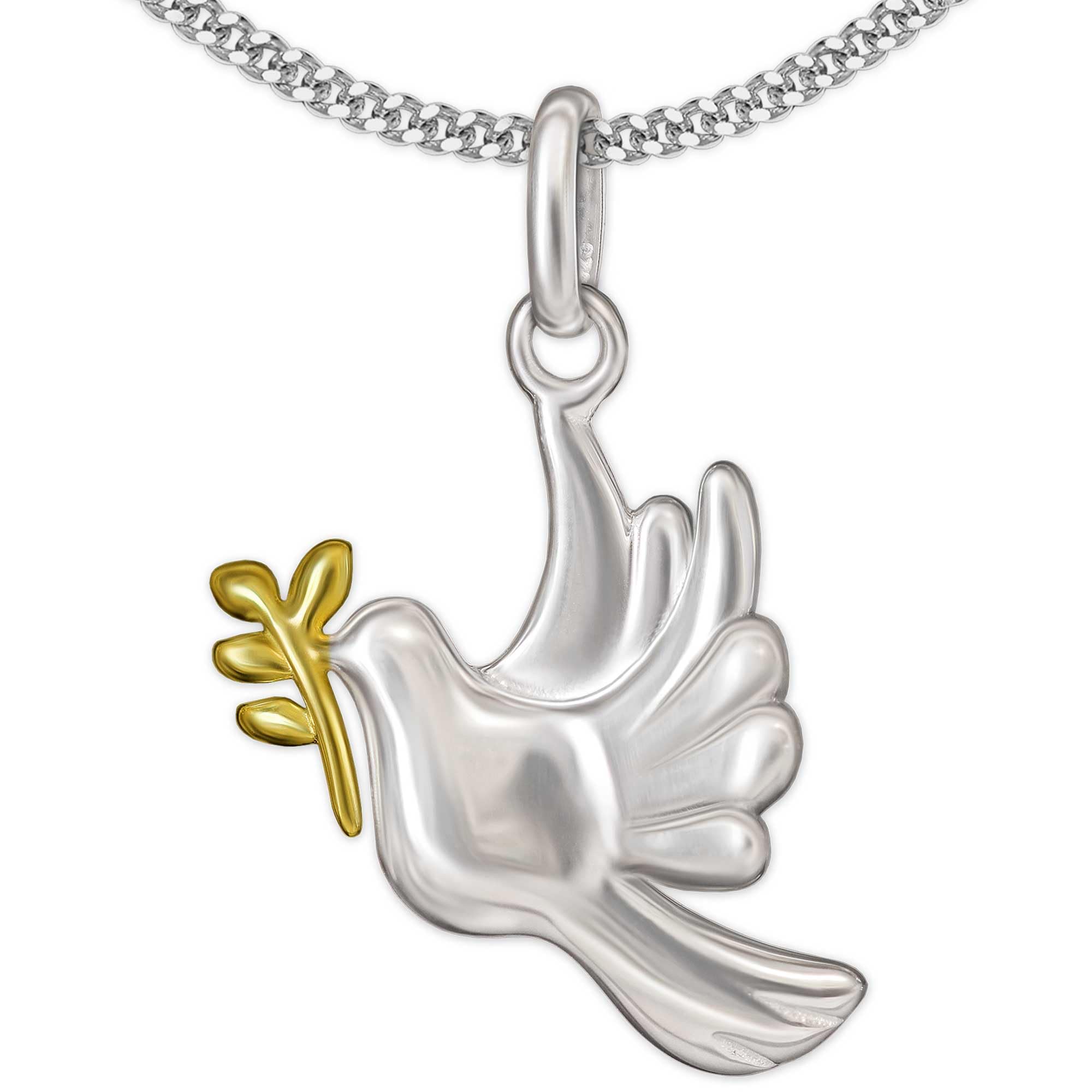 CLEVER SCHMUCK Collier avec pendentif colombe de 15 mm avec branche partiellement plaqué or et chaîne gourmette de 45 cm en argent sterling 925 dans un étui à bijoux crème