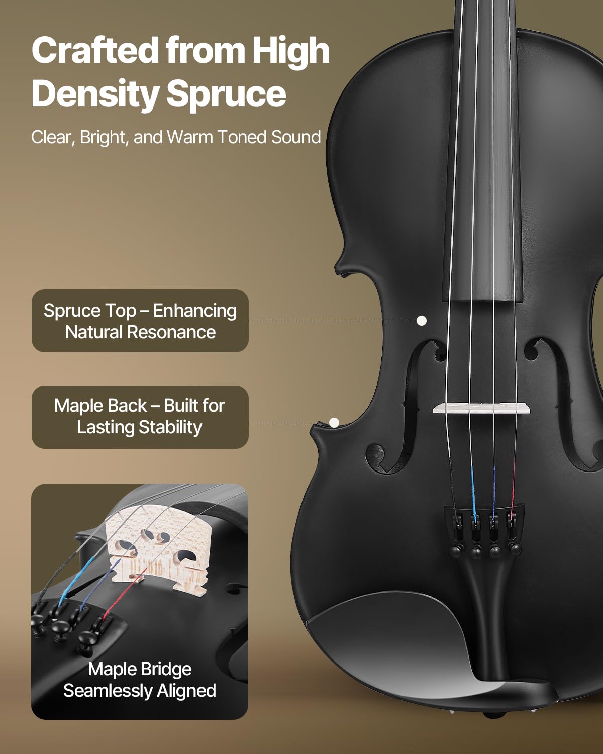 VEVOR Violon 4/4, Kit Violon Débutants Bois Massif avec Étui, Colophane, Archet, Épaulière, Chevalet, Accordeur, Cordes de Rechange, Instrument de Musique Professionnel pour Étudiants, Adultes, Noir
