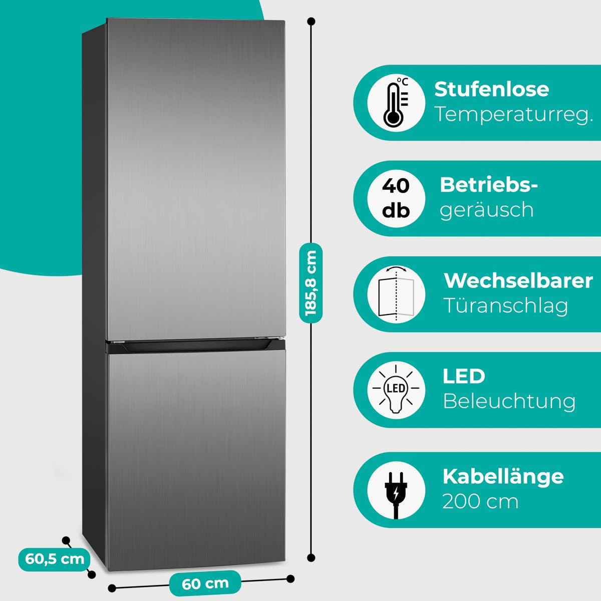 Bomann, Réfrigérateur et Congélateur 315L Inox KG7357-Inox, Réfrigérateur 219L, Congélateur 96L, Contrôle Température, Alarme Visuelle, 4 Clayettes en Verre, avec Éclairage LED, Pieds Réglables