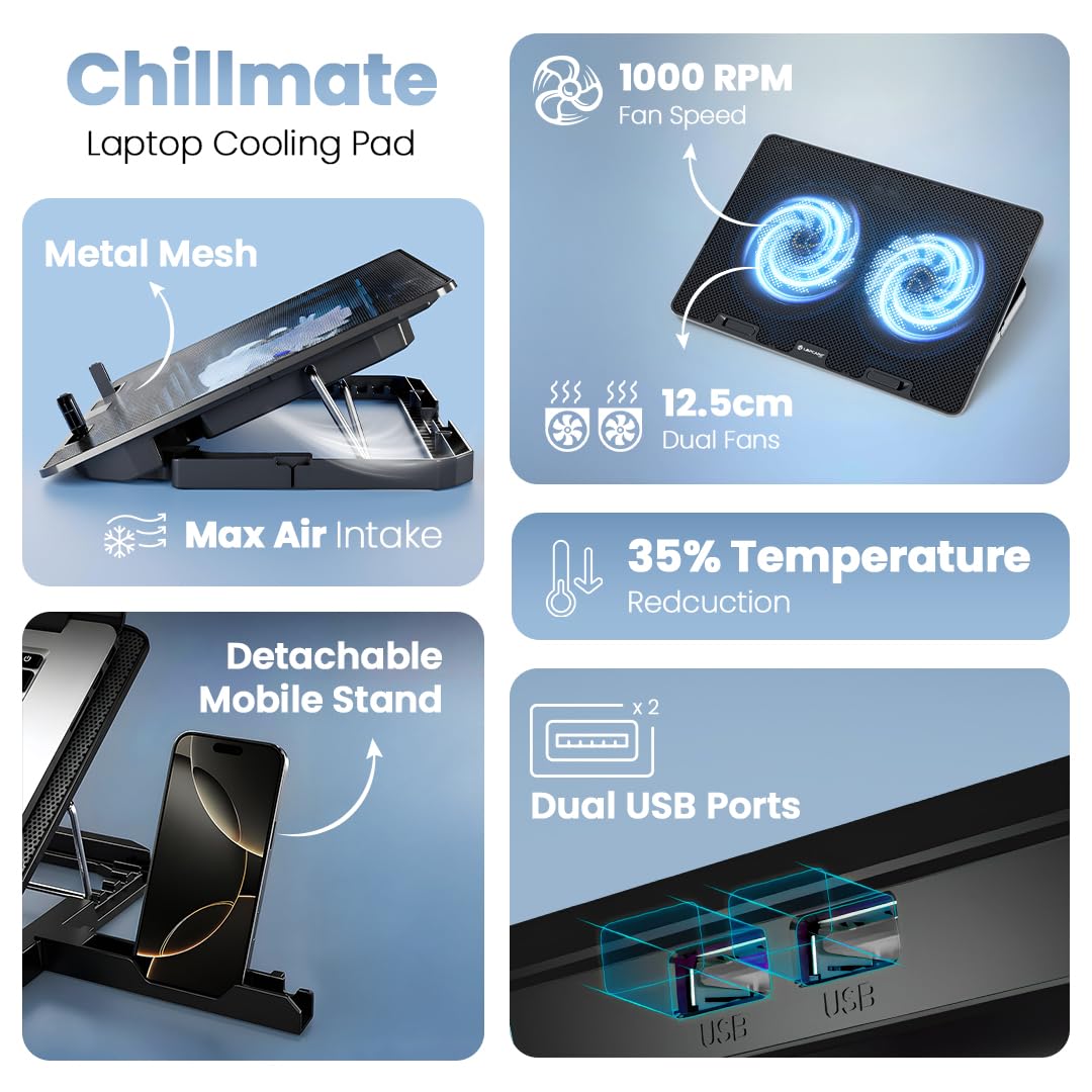 Lapcare Chillmate Powerful Laptop Cooler Pad with Dual 125mm Fans, Silent Operation, Adjustable Fan Speed, Controls, USB, 5 Step Retractable Stand and Mobile Holder 17 61Q38AE kJL. SL1080