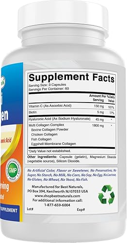 Miniatura 6 de Best Naturals Píldoras de colágeno múltiple de 2000 mg para mujeres y hombres, cápsulas de péptidos de colágeno hidrolizados para cabello, piel y