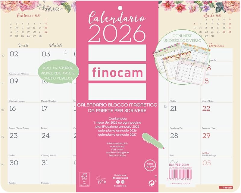 Finocam 2026 Naptár Mágneses Havi Beosztás Jegyzetelhető Tervező Blokk