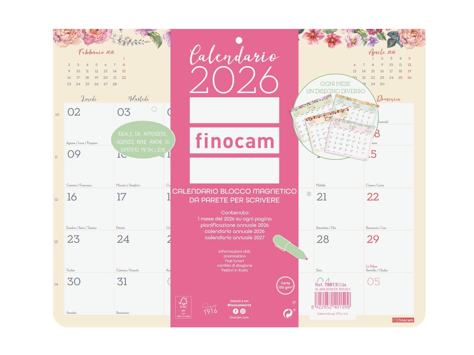 Finocam - Calendar with Magnet 2026 Monthly Layout January - December 2026 (12 Months) | Calendar 2026 for Annotations | Design Bloc Monthly Planner - English
