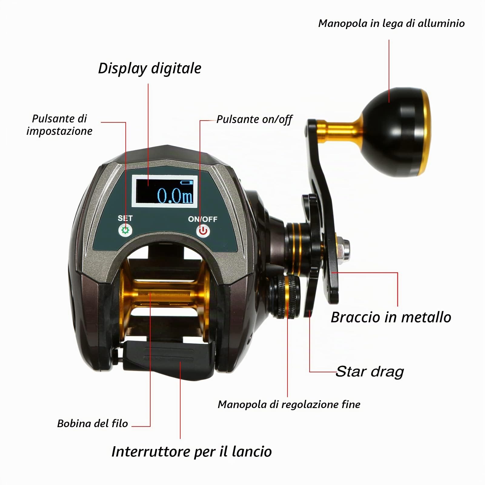 Mulinello da Pesca Elettrico Ricaricabile in Fibra di Carbonio USB 9+1BB Con Display Ad Alta Velocità 6.4:1 Sistema Frenante Magnetico