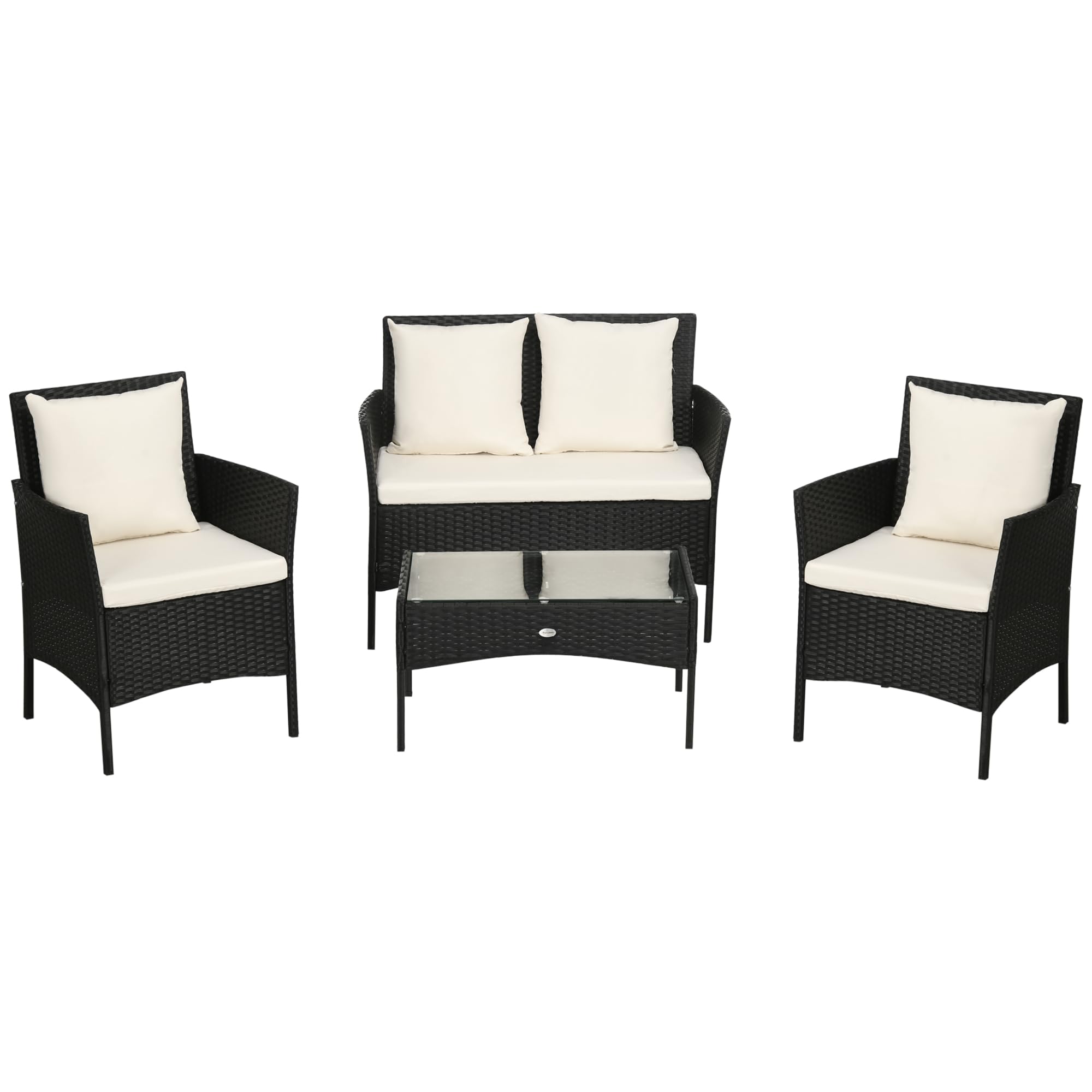Outsunny Conjunto de Jardín Exterior de Ratán Sintético Juego de 4 Piezas Muebles de Jardín con Sofá de 2 Plazas 2 Sillones 1 Mesa de Centro con Encimera de Vidrio Templado y Cojines Crema y Negro