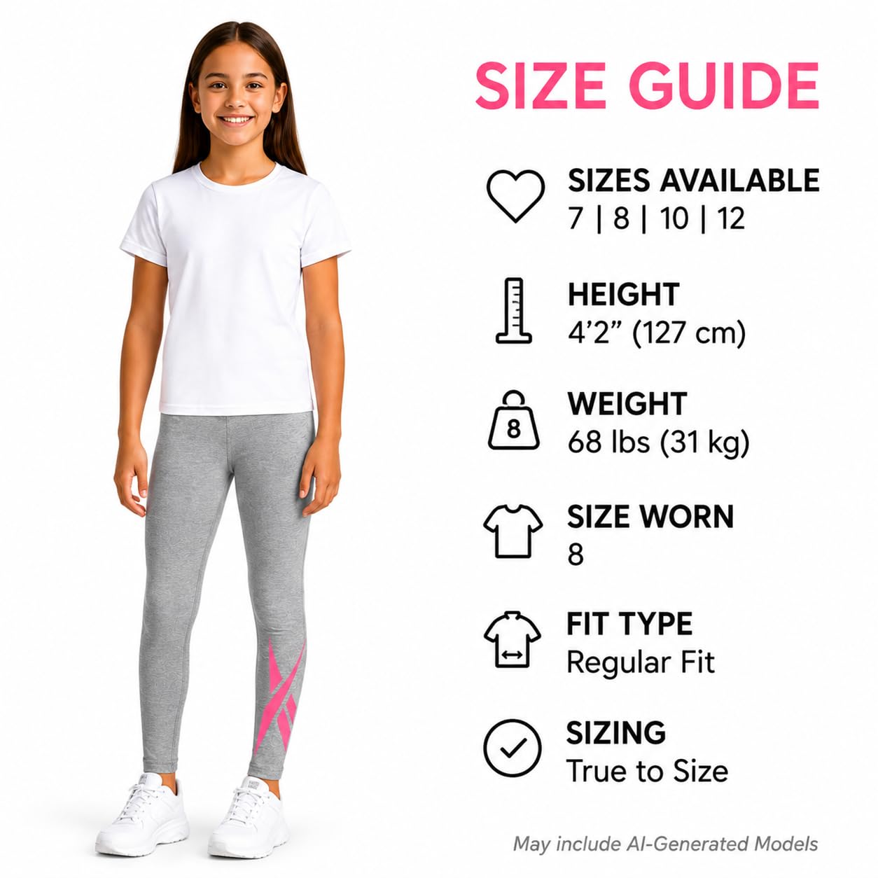 Reebok Leggings para niñas, paquete de 2 leggings de algodón de rendimiento atlético, pantalones de yoga para niñas, medias de baile (tallas: 7-12)