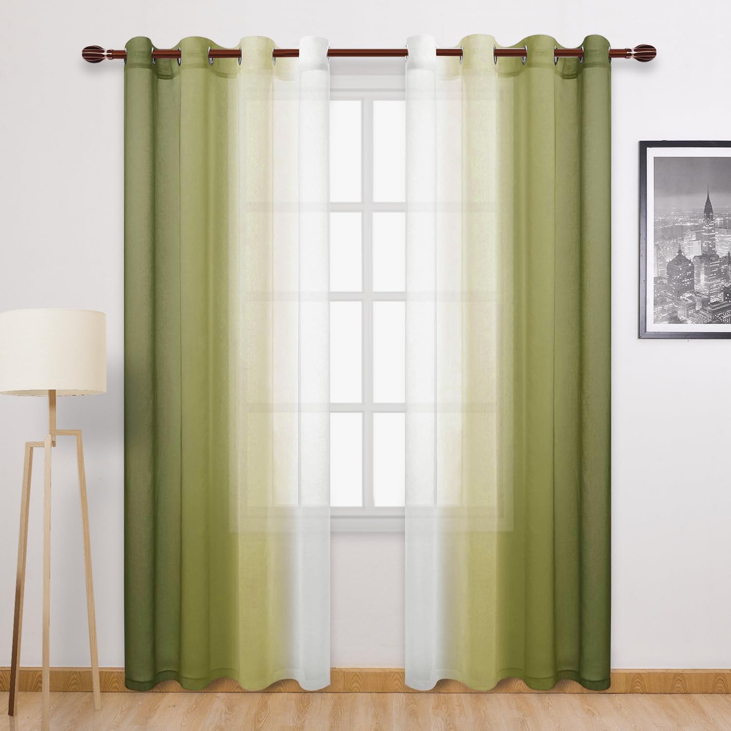 DWCN Faux Linen Ombre Sheer Curtains - Olive Green Gradient Semi Voile Curtains for Bedroom and Living Room, Set of 2 Grommet Top Window Curtain Panels, 52 x 108 Inches Long โ image 1