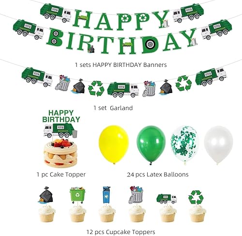 Miniatura 5 de Suministros de fiesta de camión de basura, pancarta de feliz cumpleaños de camión de basura, globos temáticos de camión de basura, adornos para