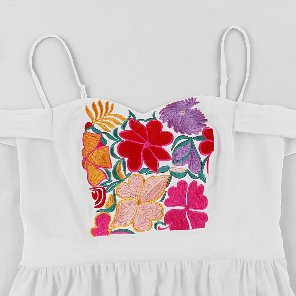 IDOPIP Vestido Mexicano Mujer Tradicional, Folklórico Cinco de Mayo Verano Largo Hombros Descubiertos Bordado Maxi Floral Volantes Ranura Maxi para Festival Bohemia Vacaciones Playa