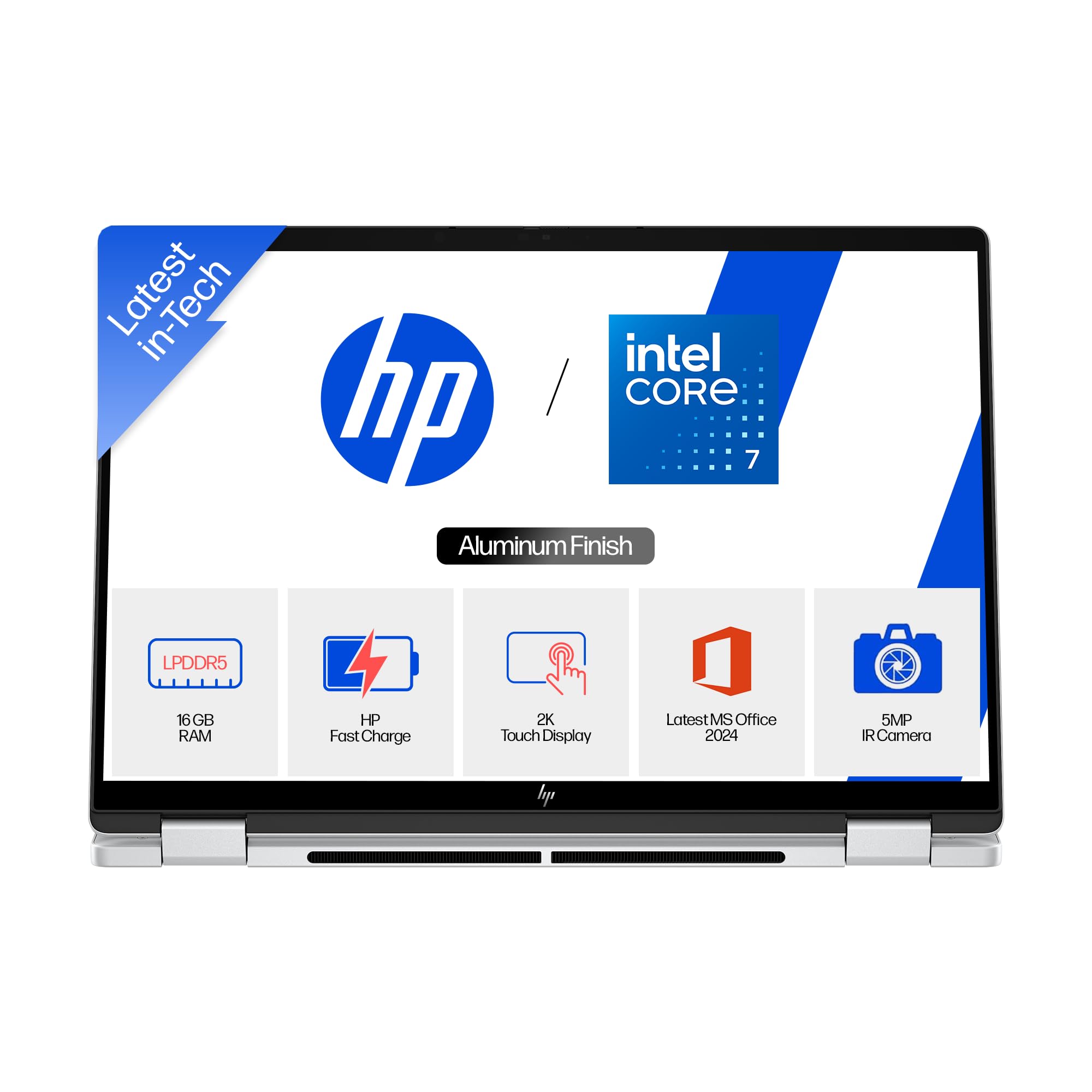 HP OmniBook 5 Flip, Intel Core 7 150U (16GB LPDDR5,1TB SSD) 2K, Micro-Edge, 300 nits, 14''/35.6cm, Convertible, Win 11, M365, Office 24, Glacier Silver,1.65kg, fp0690TU, 5MP Camera w/Shutter Laptop