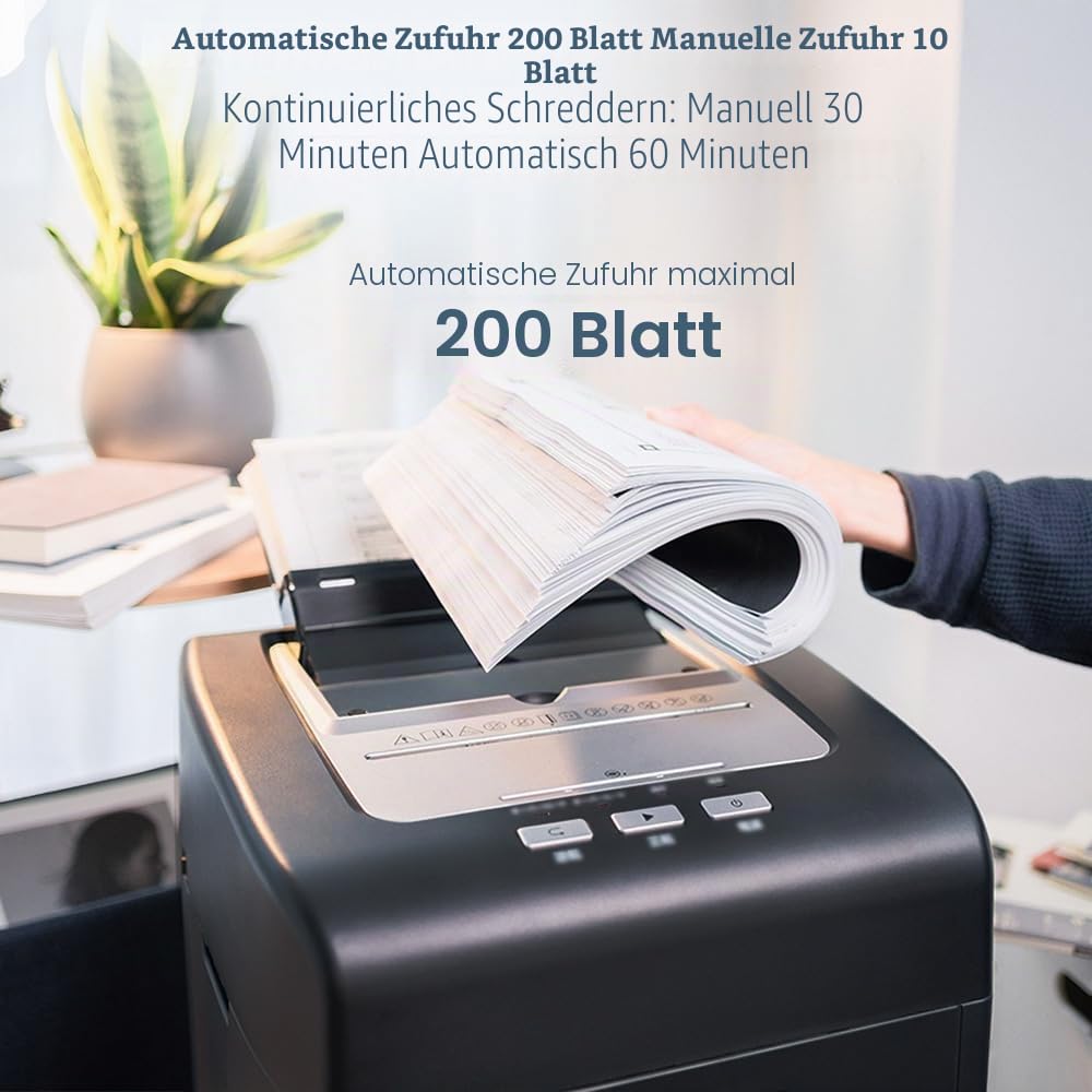 Aktenvernichter Automatischer Schredder Papier 200 Blatt | P5 Sicherheit Mikroschnitt Papierschredder Professionell für CD Kreditkarten 60 Min - Büro Haushalt Zuhause Schule Homeoffice