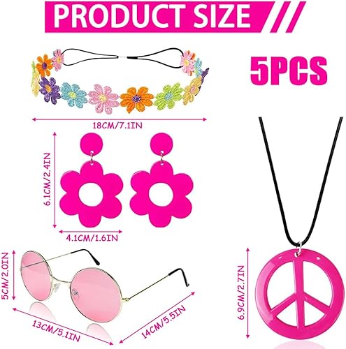 Miniatura 2 de Juego de 5 accesorios de disfraz hippie para mujer, traje de los años 60 y 70, incluye collar de signo de la paz, diadema de flores, gafas hippie
