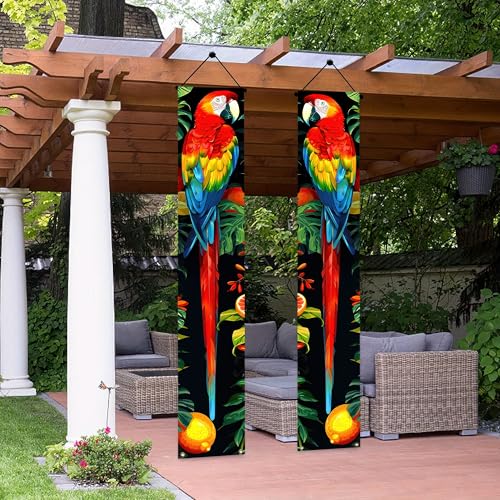 Image of BlissYard 2pcs Spring Summer Door Banner Hawaiian Tropical Parrot Porch Sign Banner Tropical Floral Colorful Parrot Wall Hanging Banners for Outdoor Summer Tiki Bar Decor Party Supplies