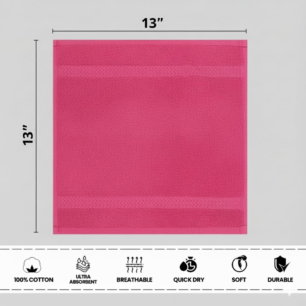 Premium Wash Cloths Set, 13 x13 Inches, 100% Cotton Ring Spun, Highly Absorbent and fast dry, Soft Feel Essential Washcloths for Bathroom, Spa, Gym, and Face, fingertip towel (Pack of 4) (Hot Pink
