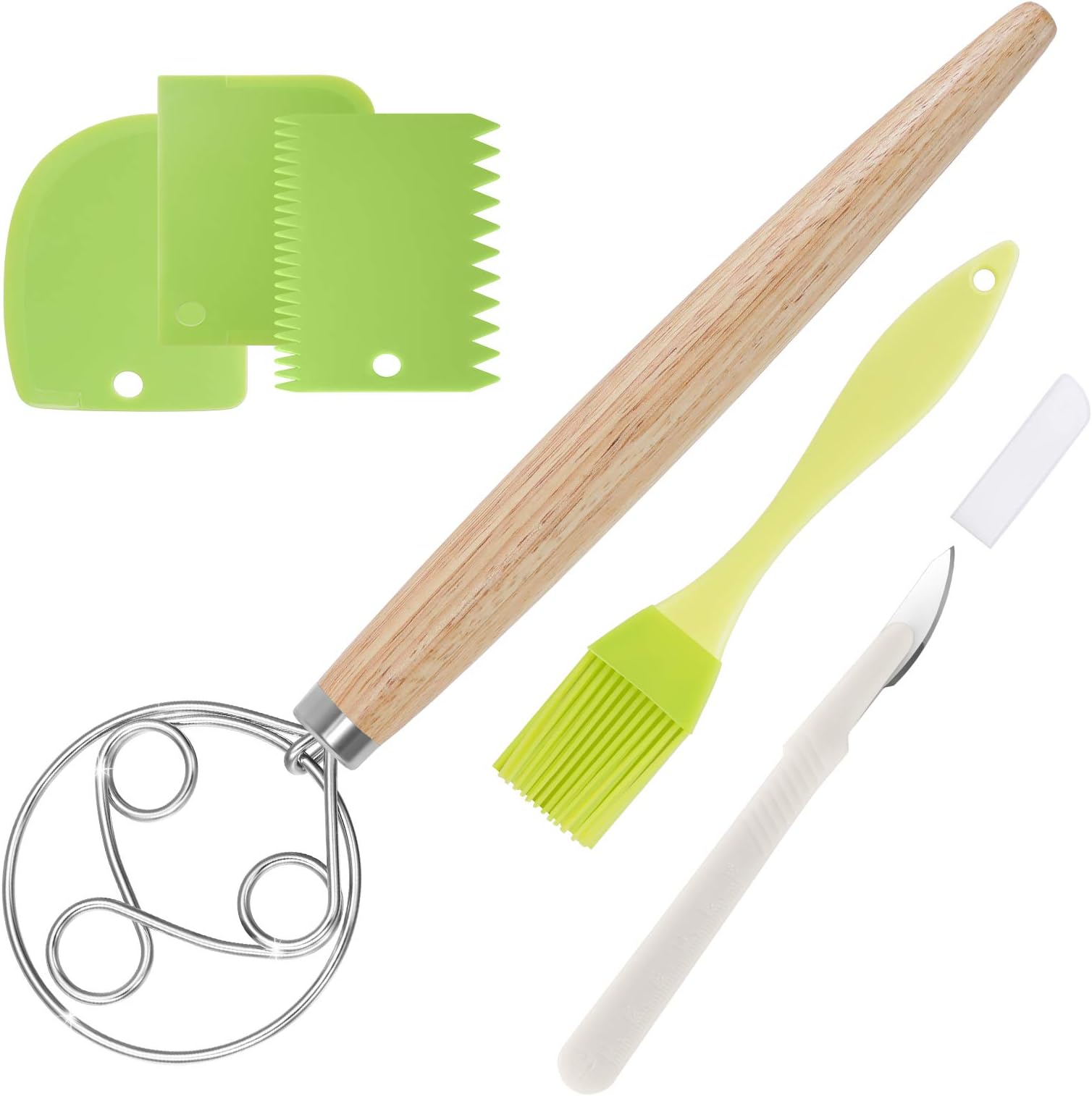 Danish Dough Whisk Large Bread Mixer, 3 Loops Dough Whisk Stainless Steel, 13" Wooden Danish Whisk - Dutch Style with Dough Scrapers for Bread, Pastry or Pizza - Perfect Baking Gifts